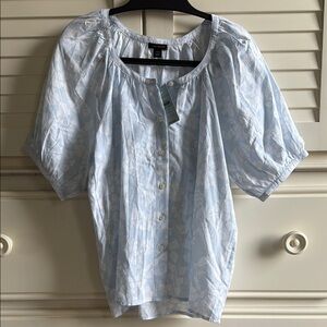 Ann Taylor Women's Light Blue Floral Puff Sleeve Button-Up Top, XXSP